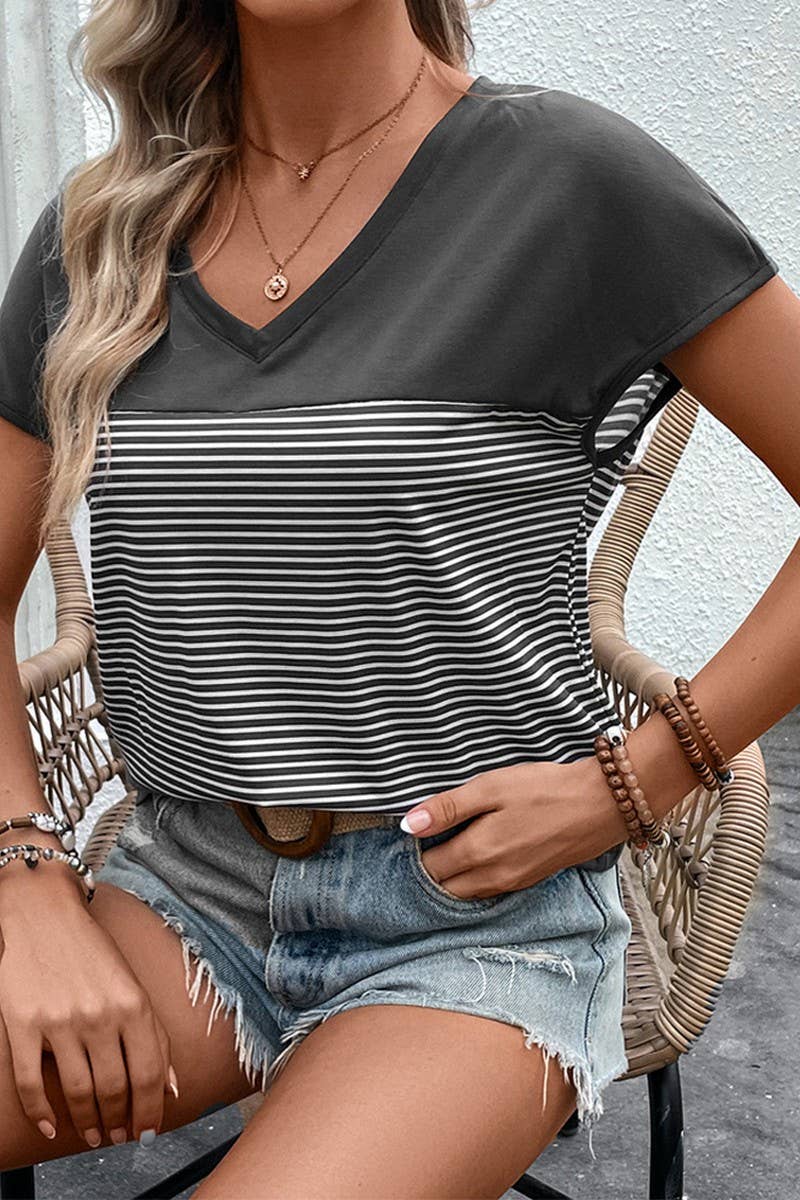 CWTTS1293_SUMMER CASUAL V-NECK FLYING SLEEVE STRIPED T-SHIRT