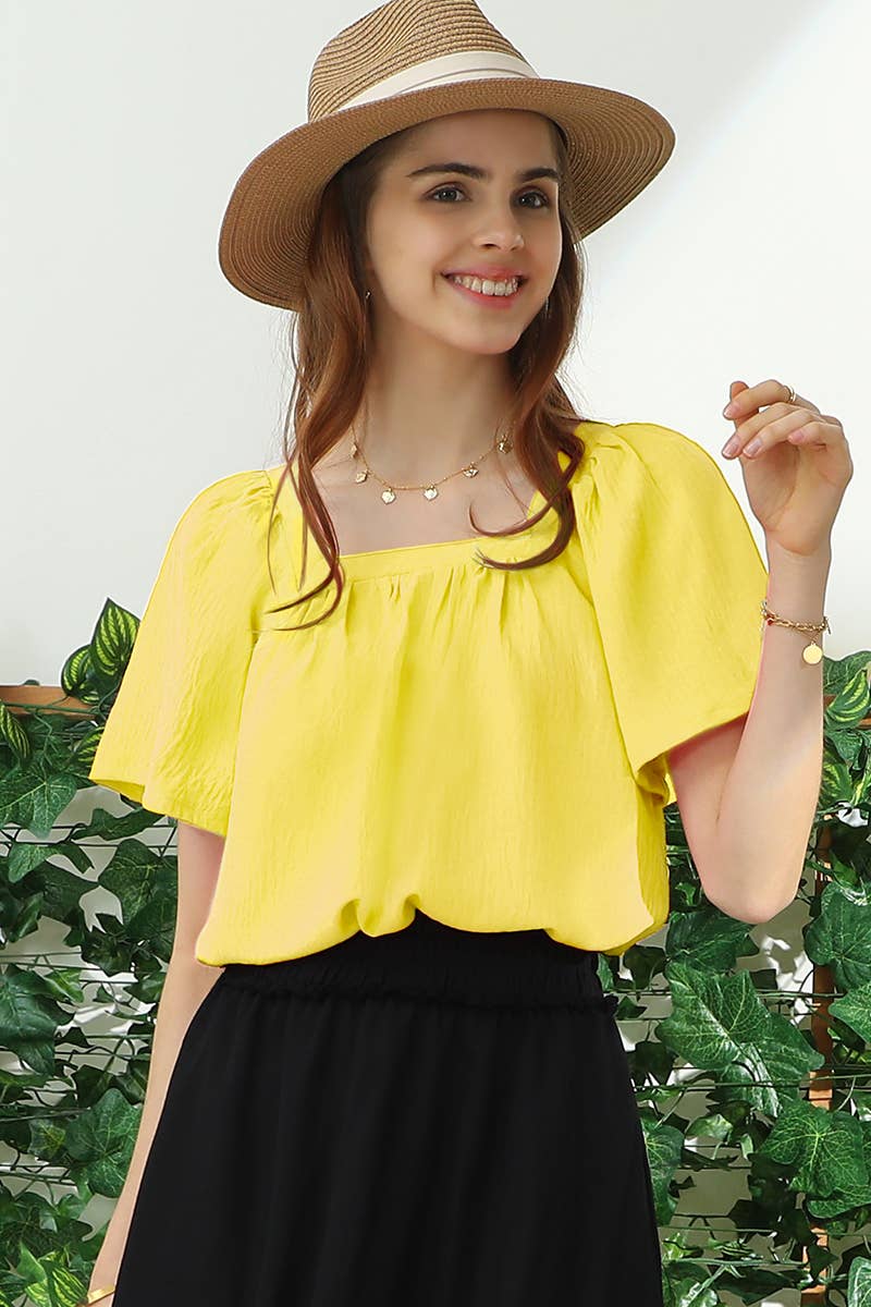 CWTBLS192_SQURE NECK RUFFLE NECK SHORT SLEEVE BLOUSES TOP