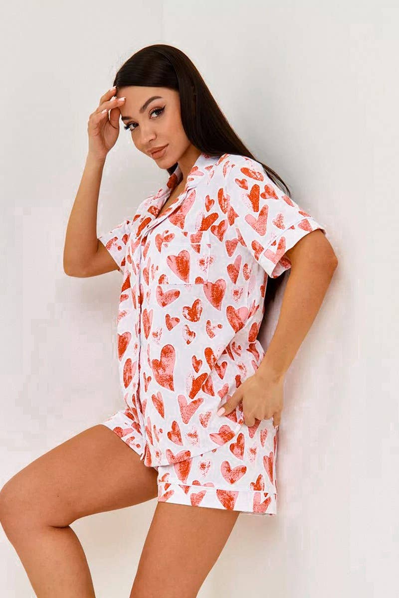CWSPJ0388_HEART PRINT SHORT SLEEVE SHORTS HOMEWEAR SET