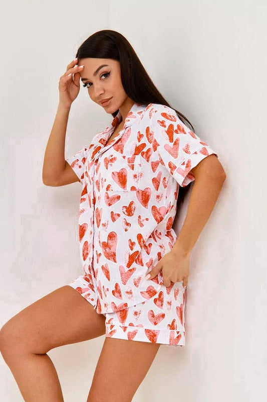CWSPJ0388_HEART PRINT SHORT SLEEVE SHORTS HOMEWEAR SET