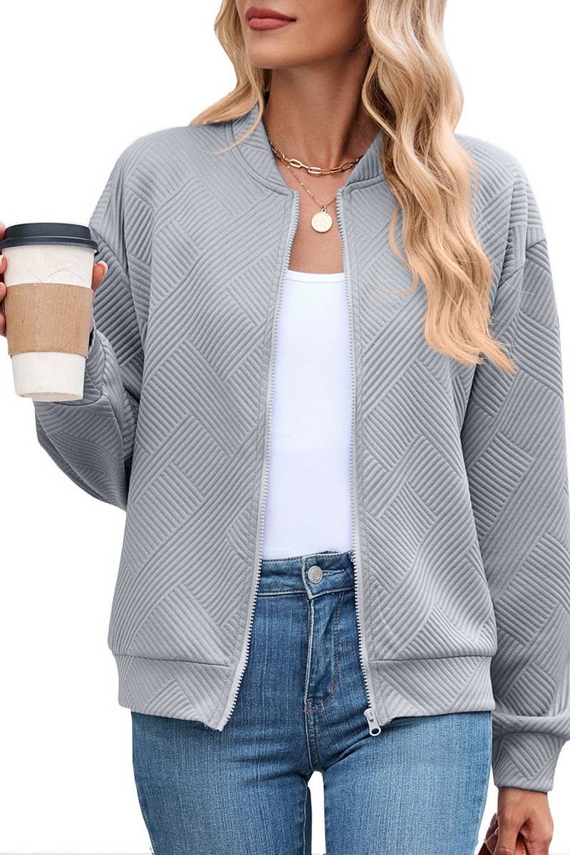 CWOCO00238_SOLID ZIP UP LONG SLEEVE CASUAL BOMBER JACKET