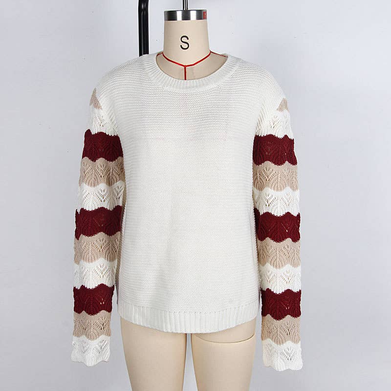 Color-blocking striped hollowed-out sweater