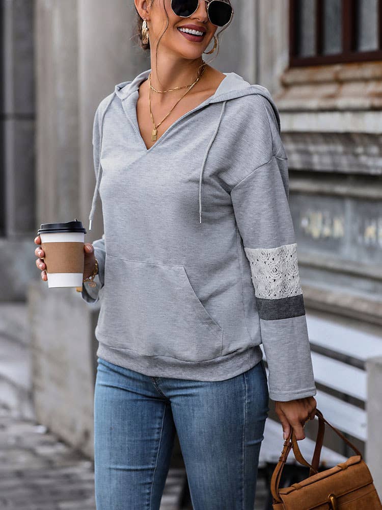 DRAWSTRING HOODED V-NECK LACE PATCHWORK HOODIE