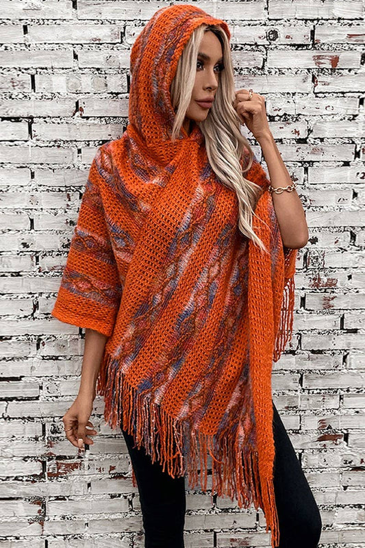 CWOSWS0091_STRIPED HOODED KNITTED FRINGED CAPE SHAWL