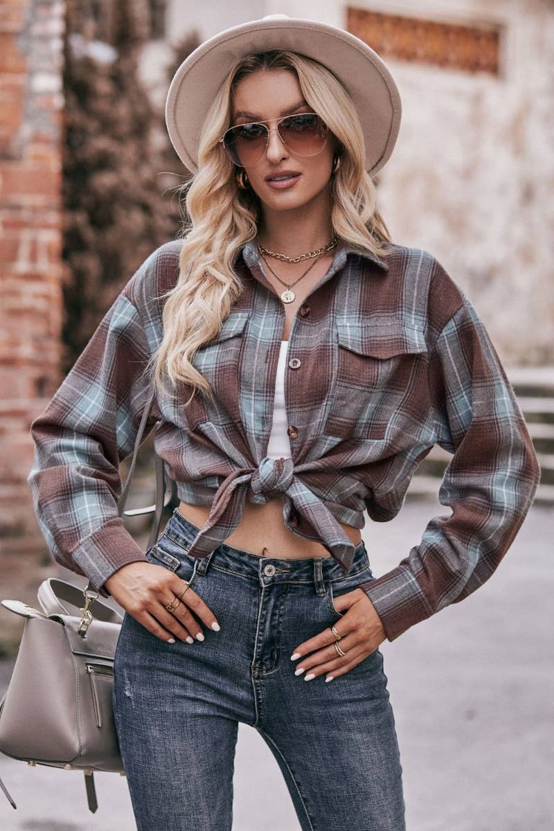 CWTSTL2188_AUTUMN WINTER POCKET PLAID LONG-SLEEVED SHIRT