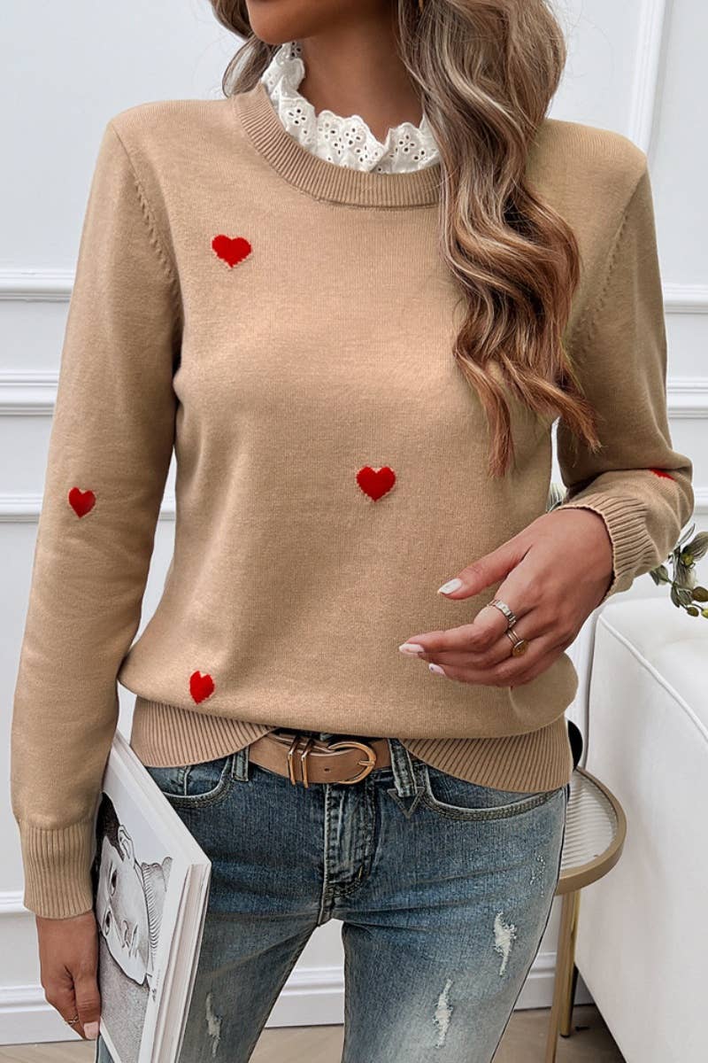 CWOSWL4449_LACE LACE NECKLINE LOVE LONG-SLEEVED SWEATER