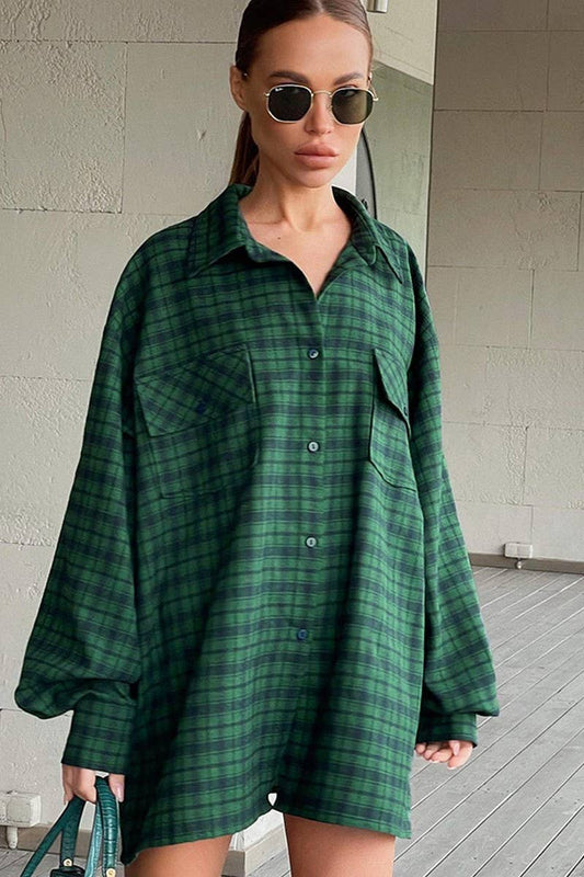 CWTBLL561_RETRO GREEN PLAID OVERSIZED LONG-SLEEVED SHIRT