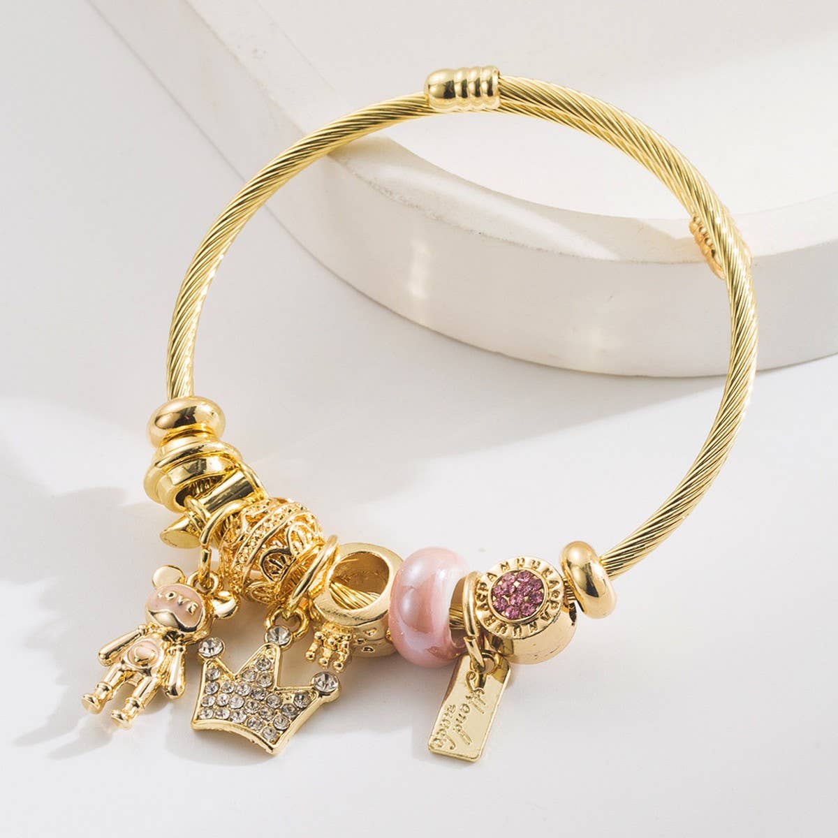DIY Crown Bear Letter Charm Couple Bracelet