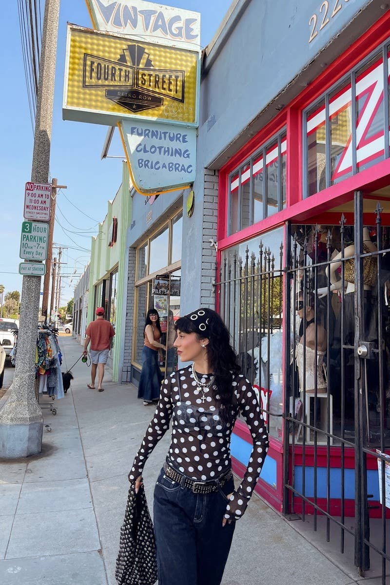 CWTBLL3959_CREW NECK LONG SLEEVE POLKA DOT MESH SHEER TOP