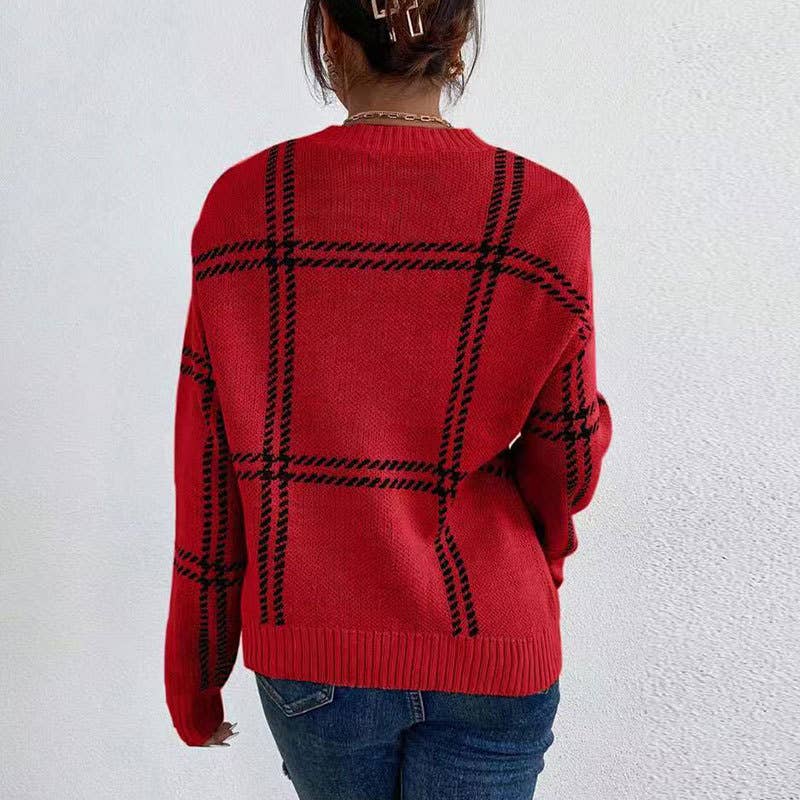 Checkered color-blocked round-neck sweater