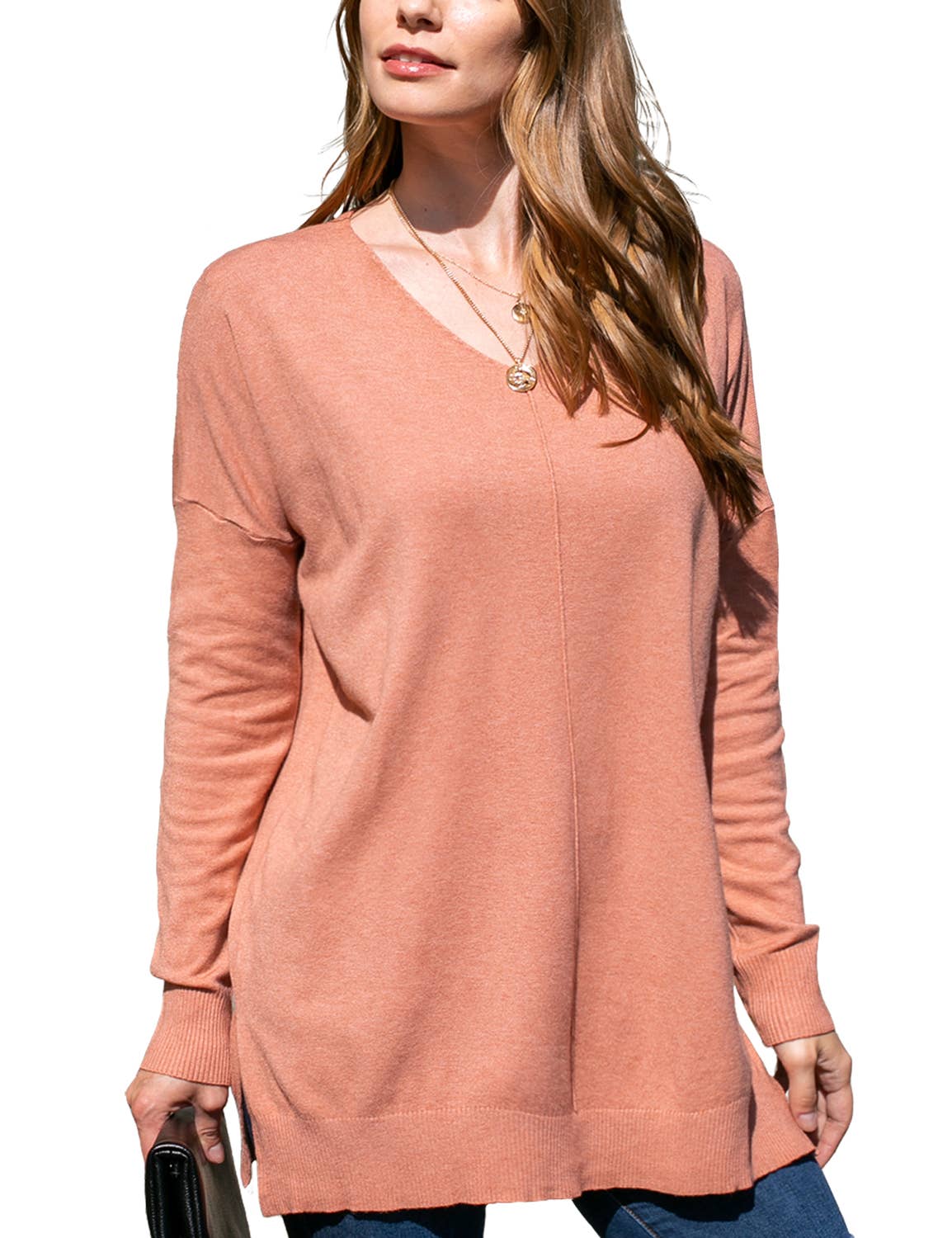 CWOSWL1826_V NECK LOOSE FIT TUNIC LENGTH SOFT SWEATER TOP