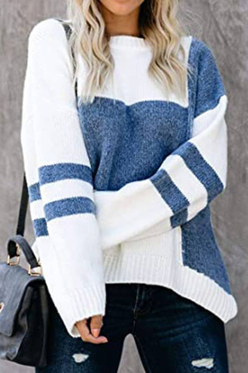 COLOR PATCHWORK CREW NECK PULLOVER SWEATER