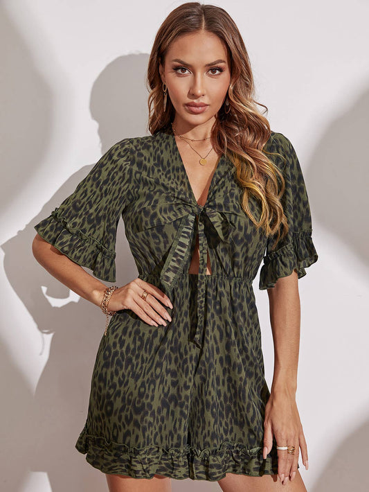 FLARED SLEEVE V-NECK JUMPSUIT SHORTS