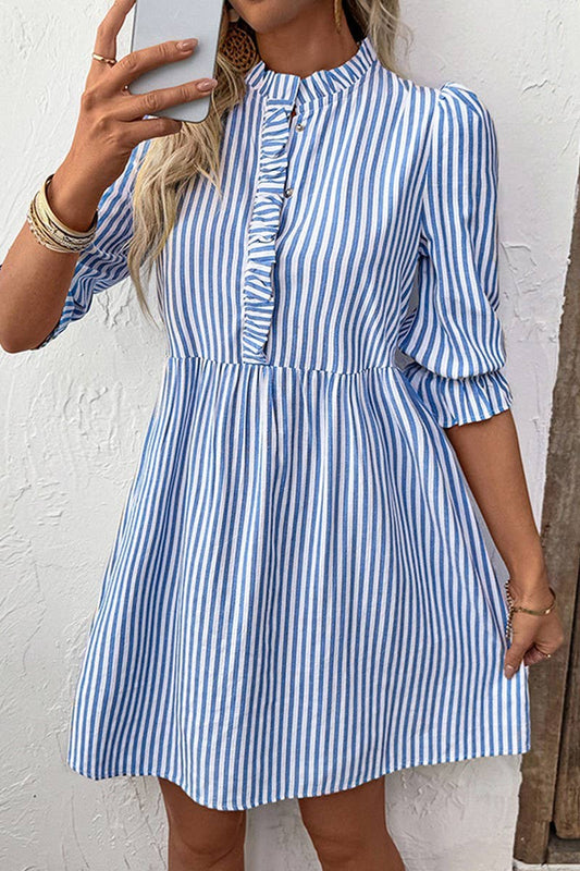 CWDSD7817_RUFFLE TRIM STRIPED LOOSE FIT SHIRT DRESS