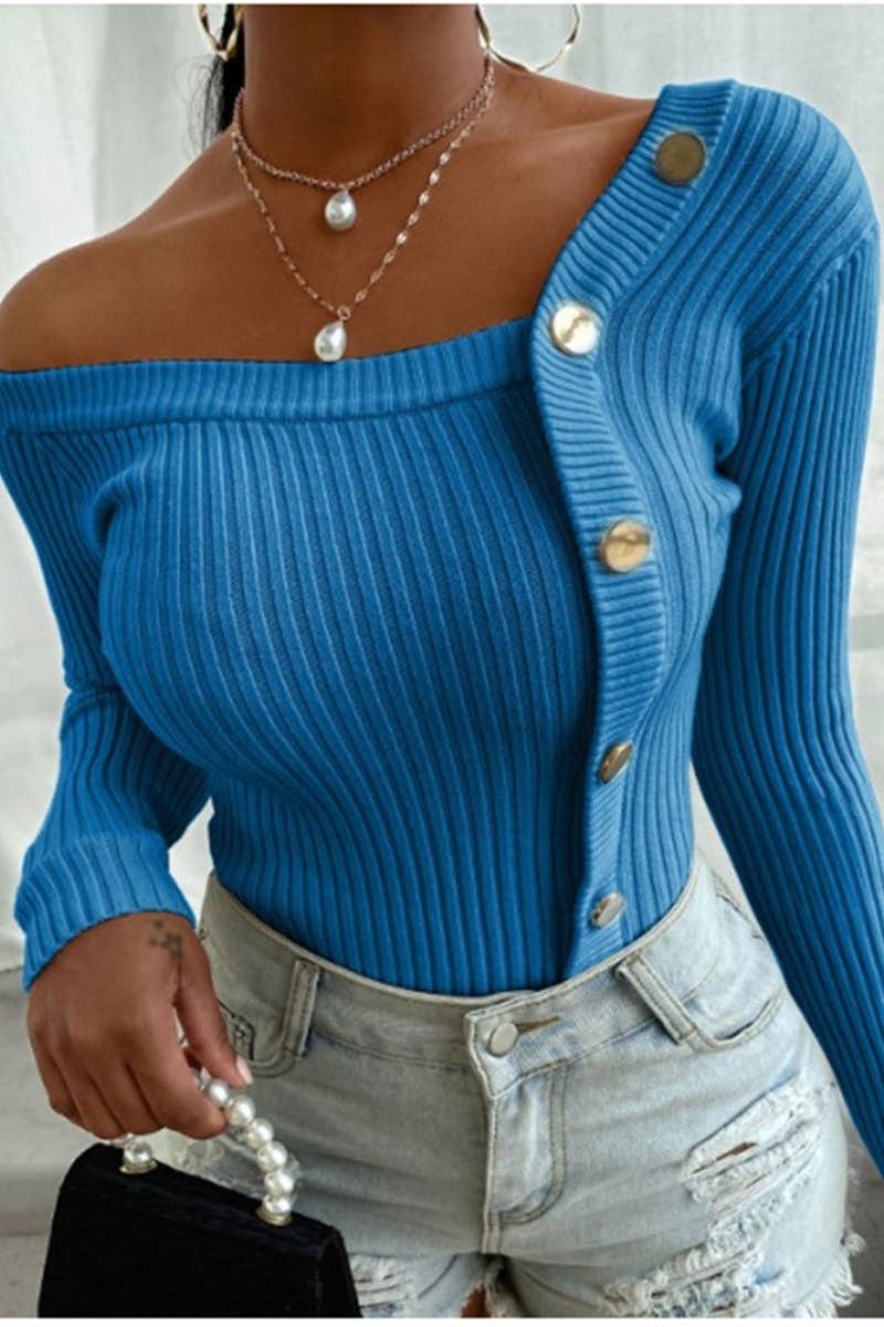 CWOSWL4862_FALL WINTER FASHION PATCHWORK BUTTON UP SWEATER