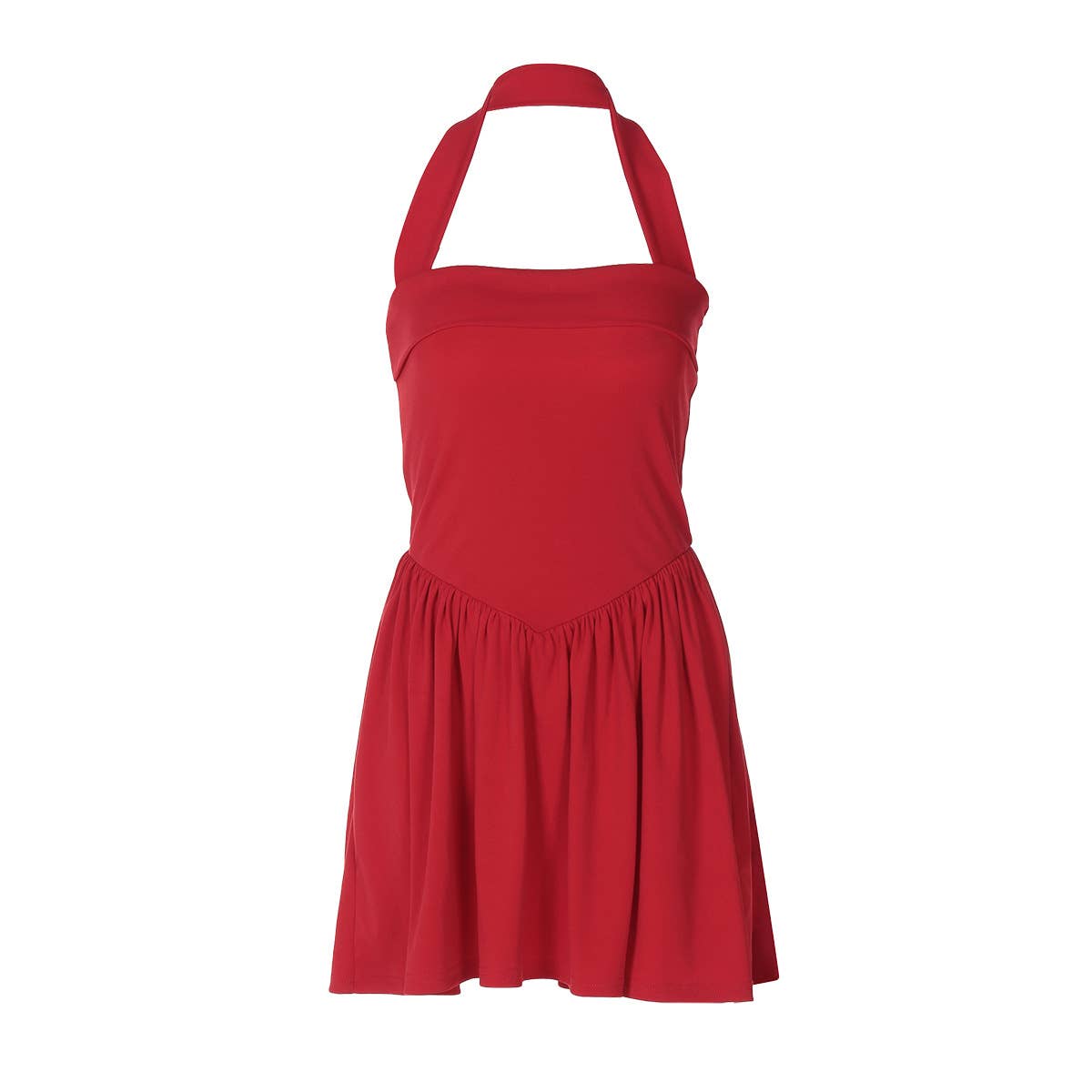 A halter, backless, high-waisted pleated dress