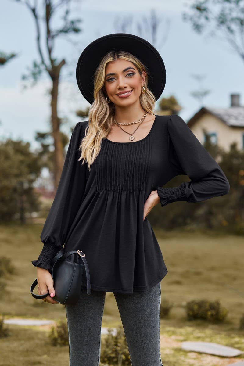 CWTBLL3687_NEW AUTUMN SOLID COLOR ROUND NECK DRAW CUFFS TOP