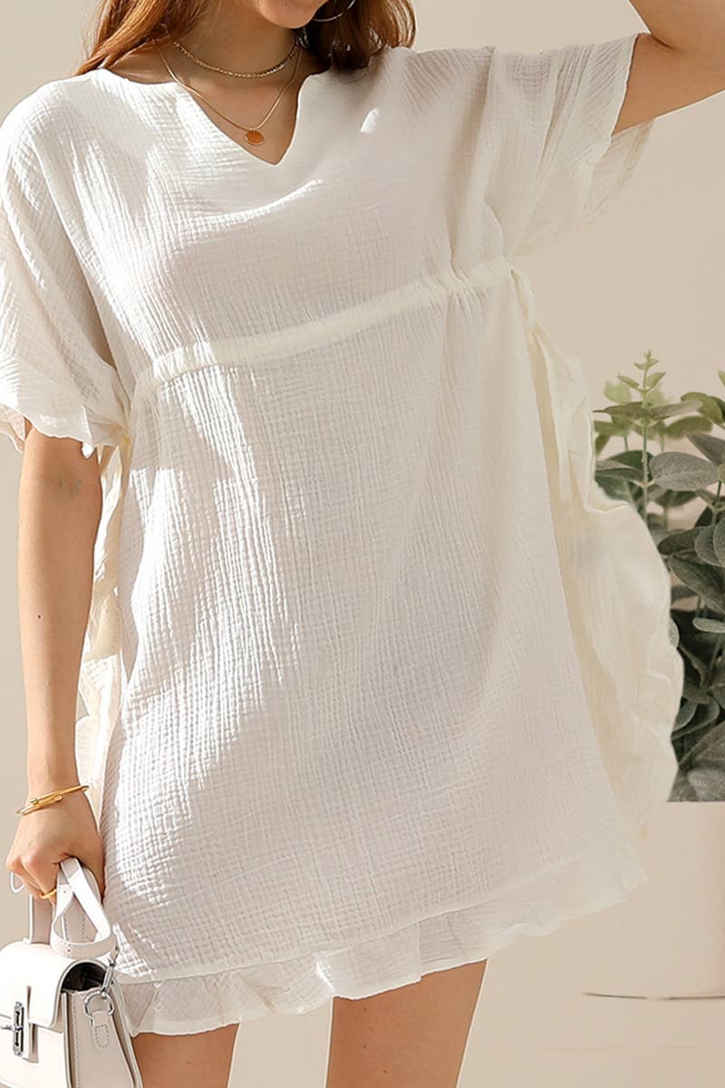 CWDSD10360_DRAWSTRING WAIST SOFT COTTON RUFFLE HEM DRESS