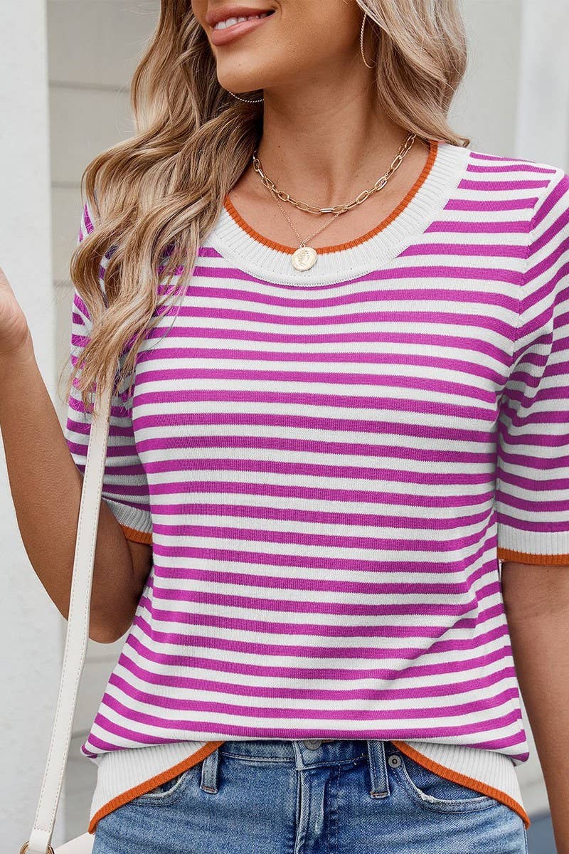 CWTBLS02495_STRIPED KNITTED ICE SILK SHORT-SLEEVED TOP