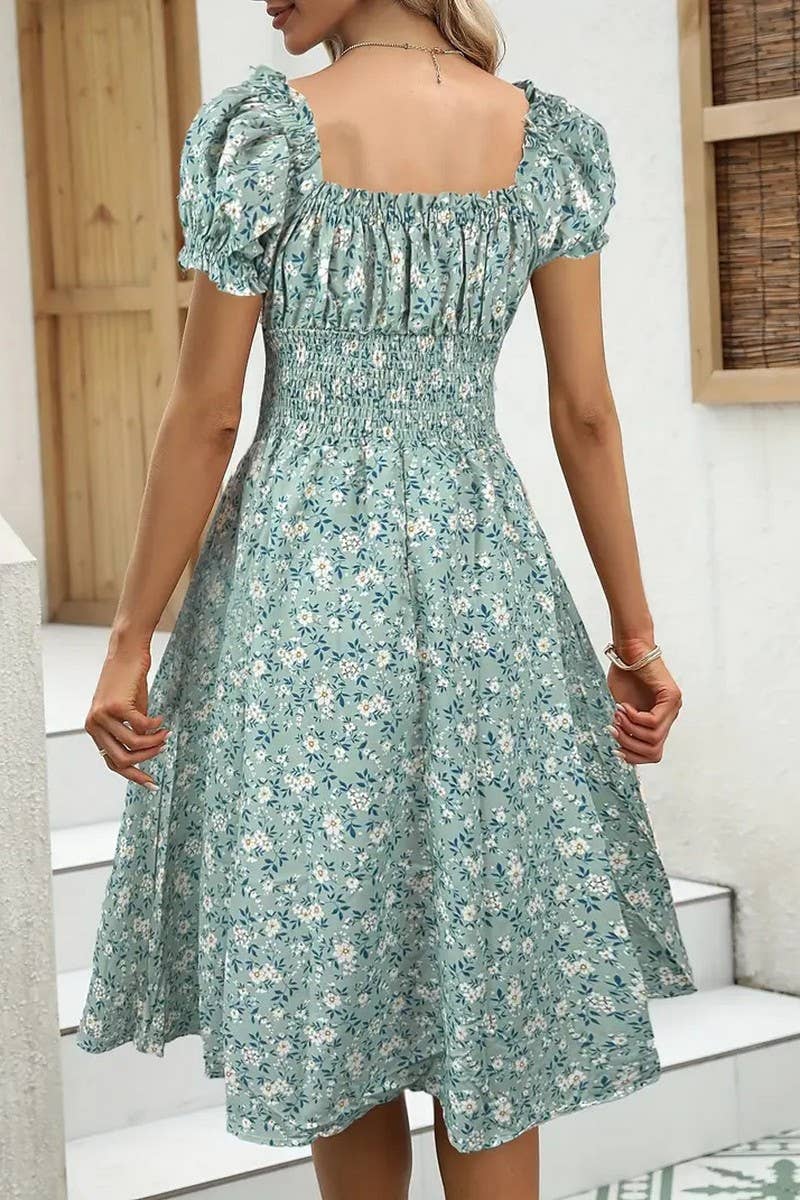 CWDMD5870_VINTAGE FLORAL PUFF SLEEVE FRENCH MIDI DRESS
