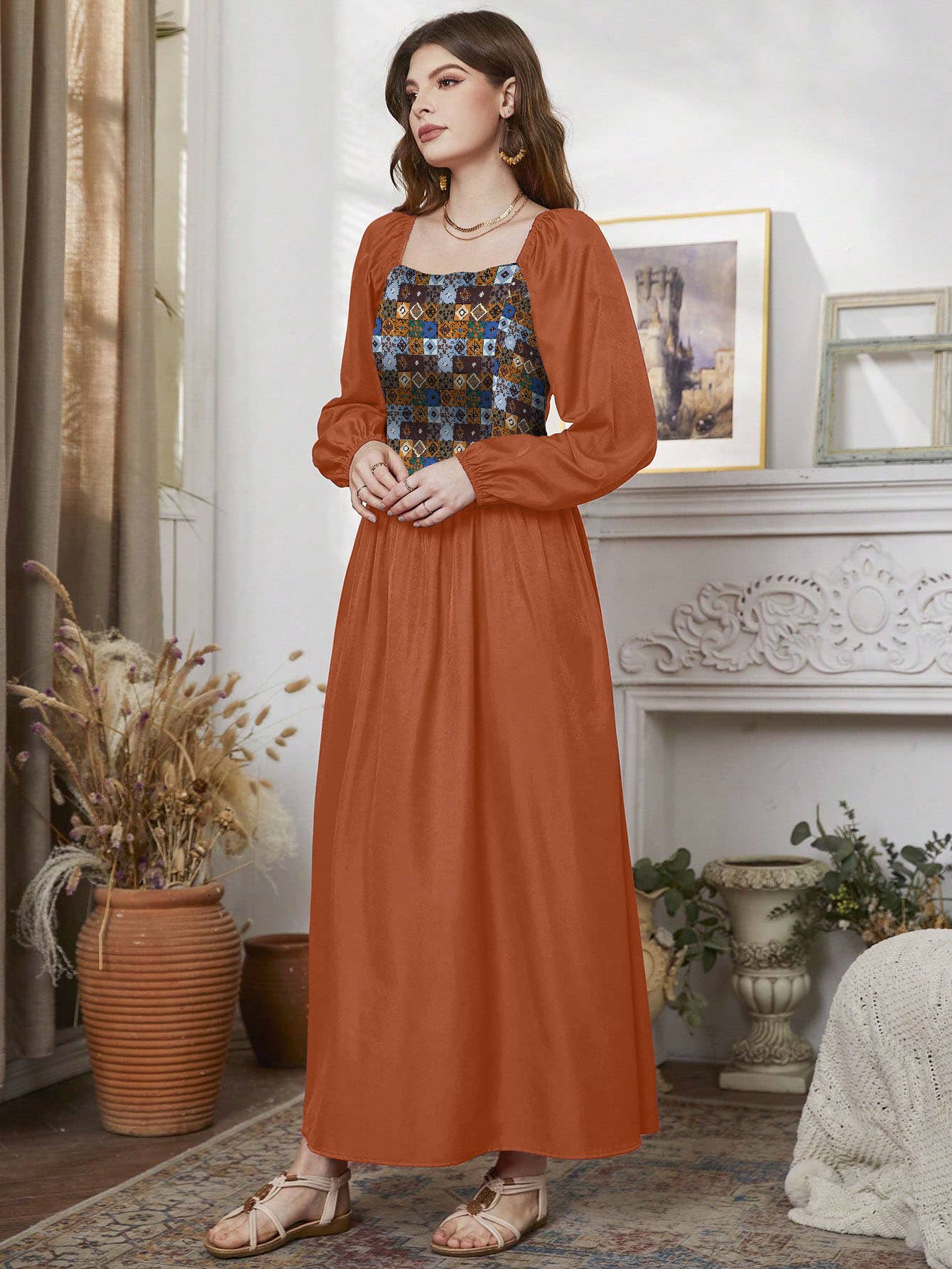 BOHO LANTERN SLEEVE GEOMETRIC PRINT DRESS