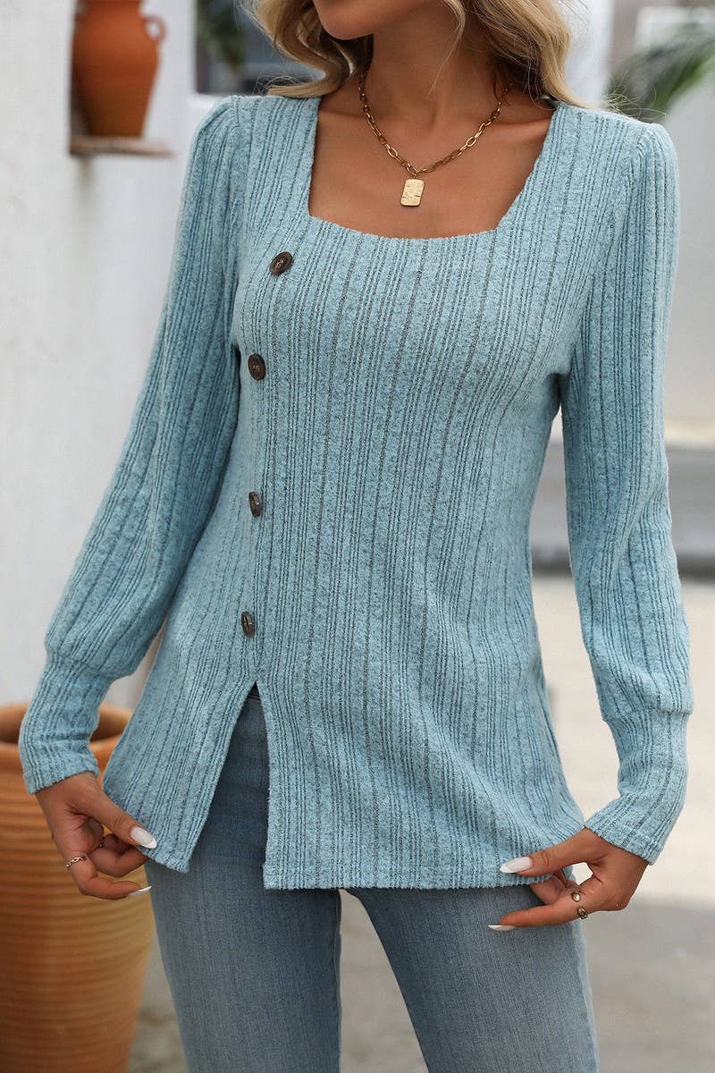CWTBLL1815_SQUARE NECK RIBBED SOLID COLOR BUTTON TOP