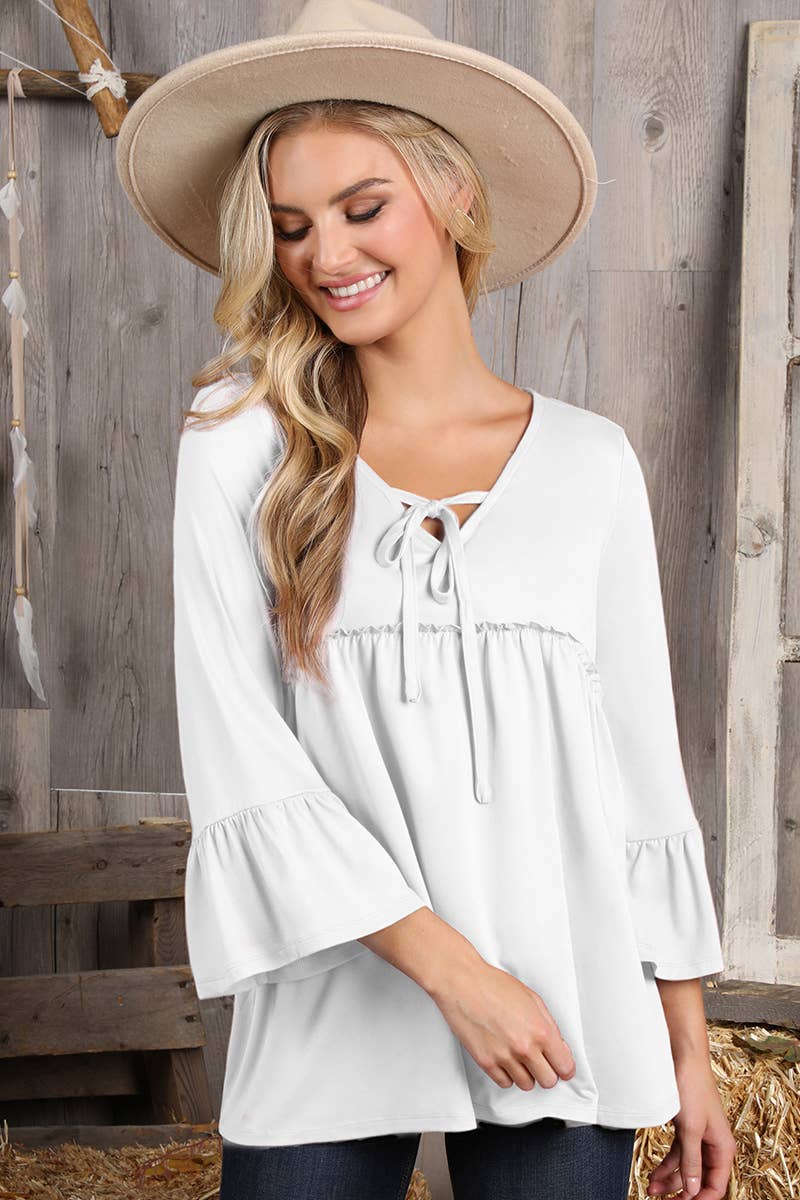 CWTTL1401-P_3/4 SLEEVE WITH NECK STRING DETAILED TOP