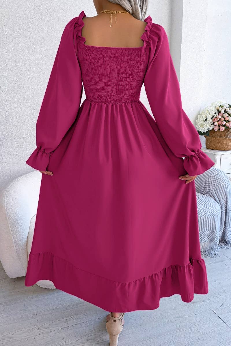 CWDMD2663_RUFFLED DRESS WITH SQUARE COLLAR FLARED SLEEVES