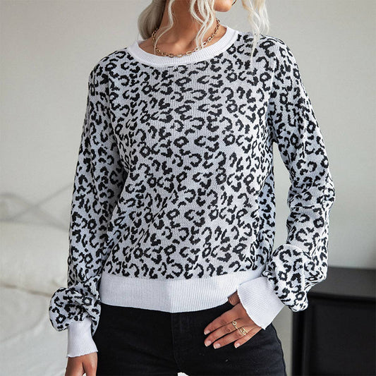 CREW-NECK KNIT LEOPARD PRINT JACQUARD SWEATER