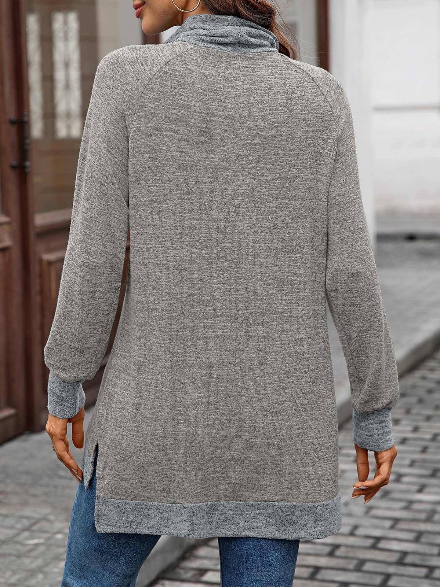 Color-blocking high-neck loose long-sleeved Top