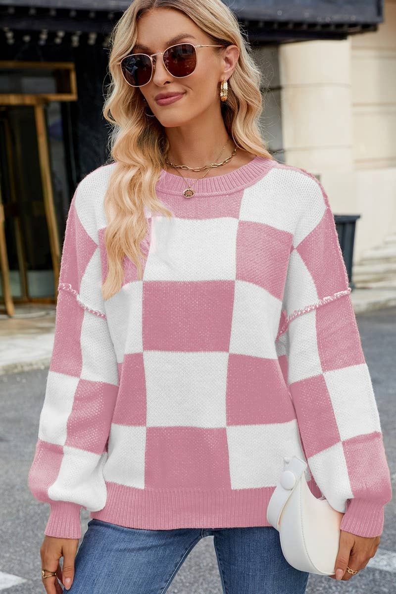 CWOSWL07726_LOOSE CASUAL PLAID COLORBLOCK SWEATER