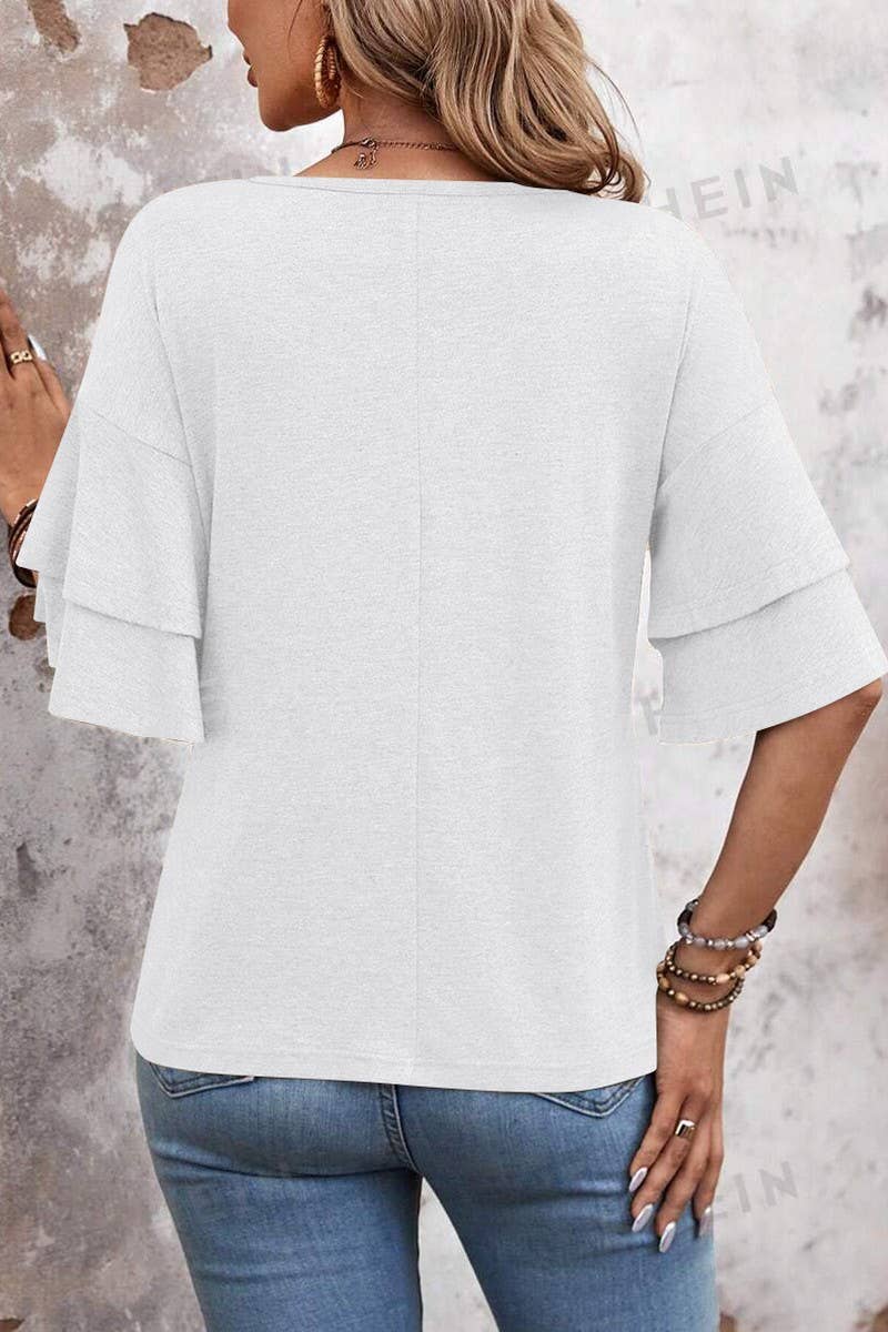 CWTBLS1614_SOLID COLOR V-NECK DOUBLE-LAYER SLEEVE T-SHIRT