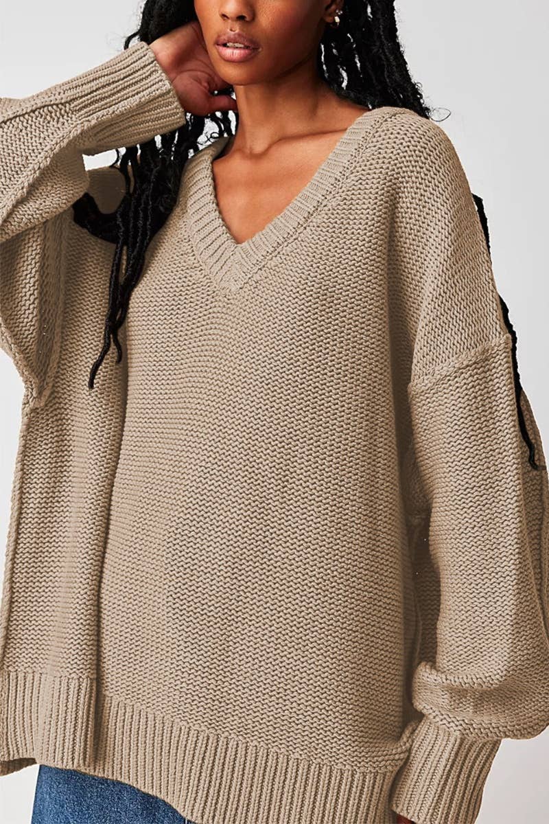 CWOSWL5839_STYLISH V-NECK LONG-SLEEVED PULLOVER SWEATER