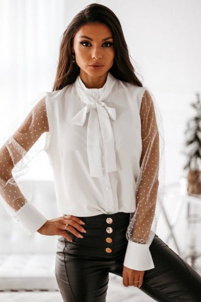 CWTBLL3014_SOLID COLOR MESH SPLICING BUTTON BOW SHIRT