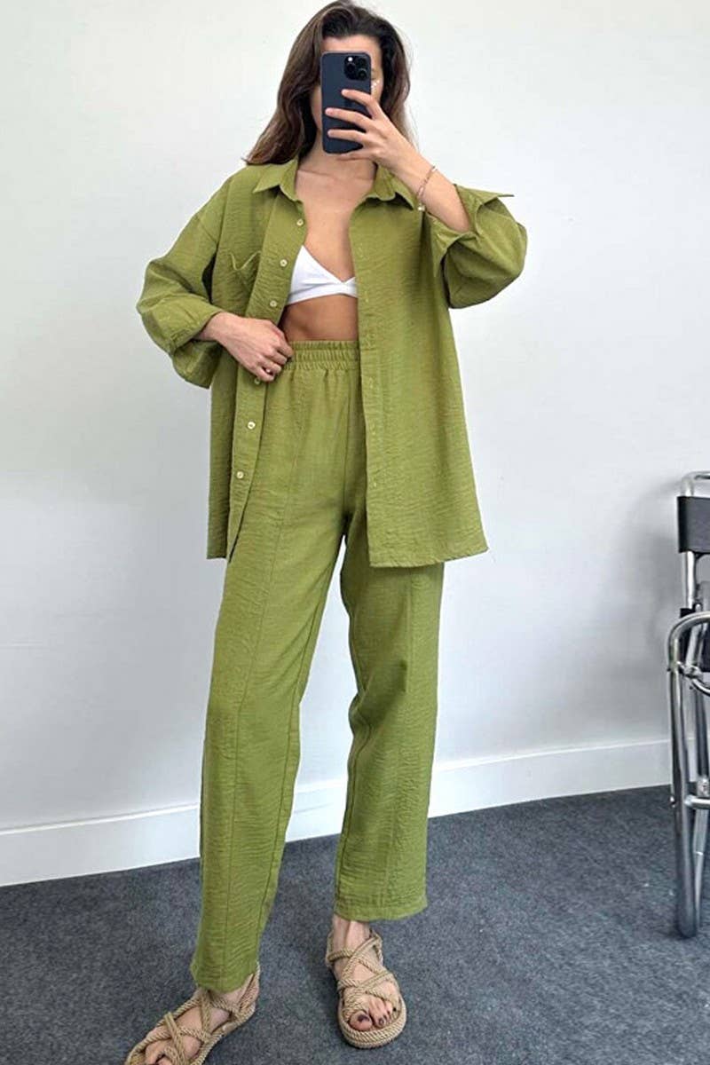 CWSS1061_WOMEN'S LOOSE LONG-SLEEVED SHIRT TWO-PIECE SUIT