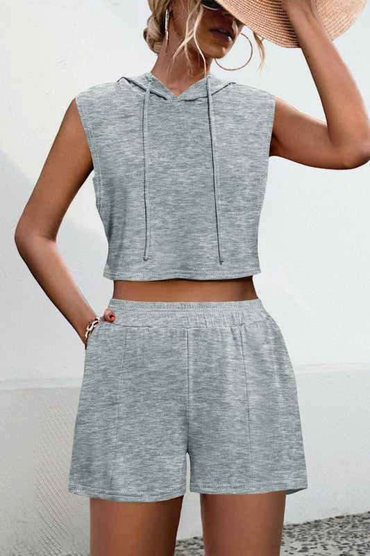 CWSS1072_HOODED PATCHWORK CASUAL VEST SHORTS TWO-PIECE SET