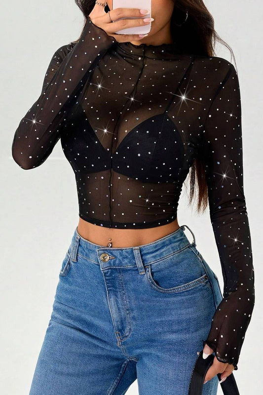 CWTBLL3929_SHEER MESH SEQUIN MOCK NECK LONG SLEEVE TOP