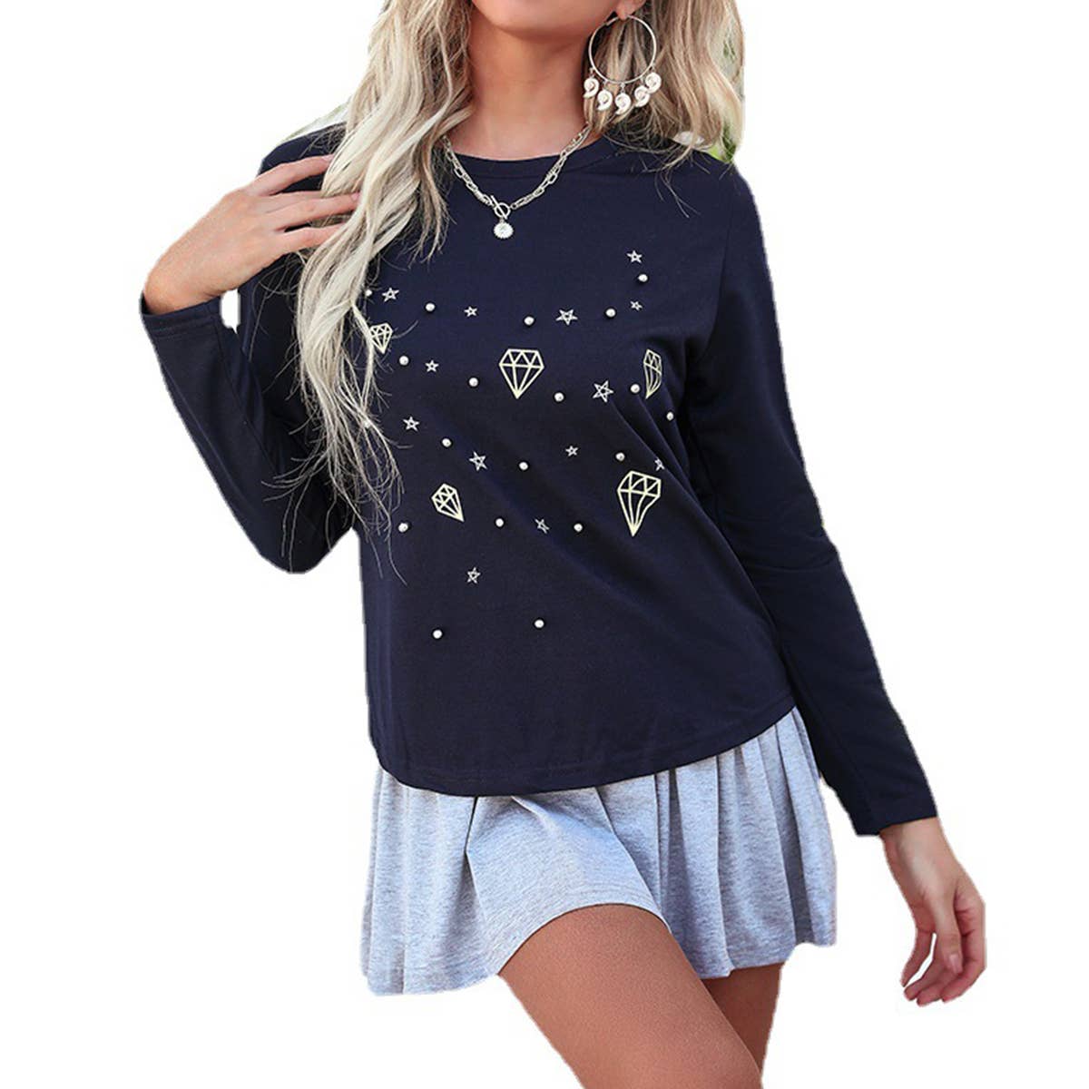 CREW-NECK STUDDED LONG SLEEVE HOODIE TWO-PIECE