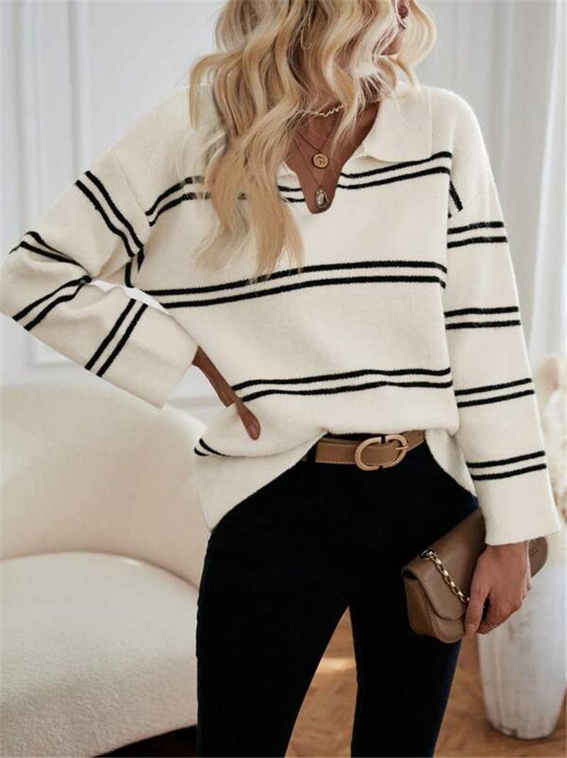 Color-blocking striped polo neck knitted sweater