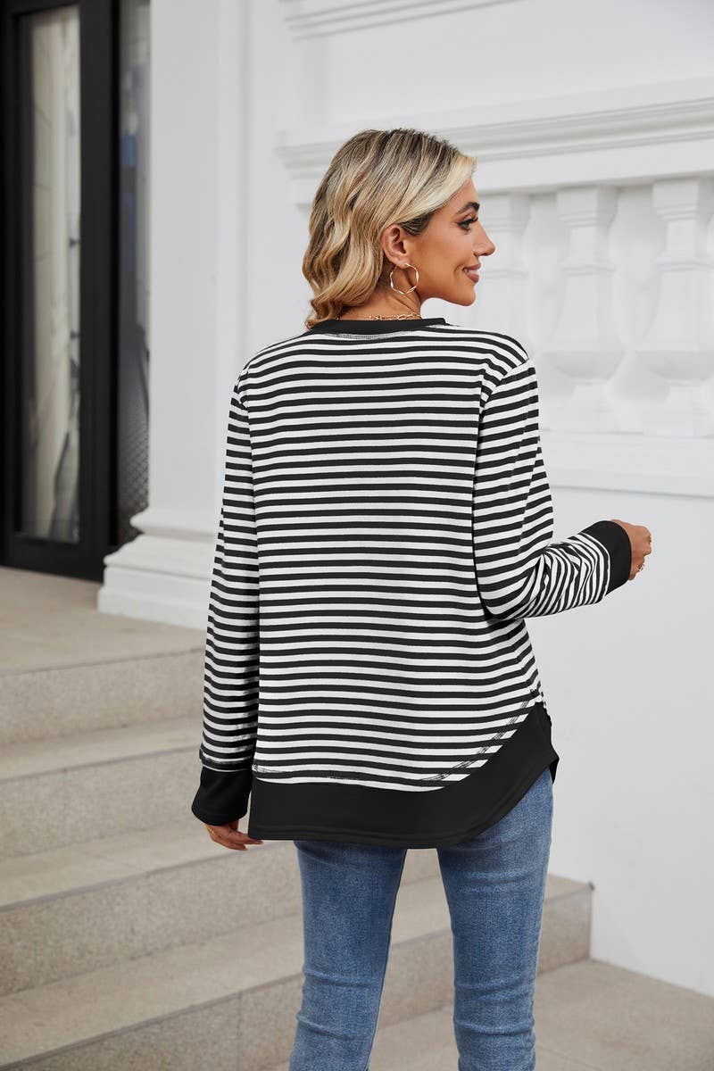 CWTBLL2355_CREW NECK STRIPED COLORBLOCK CASUAL SWEATSHIRT