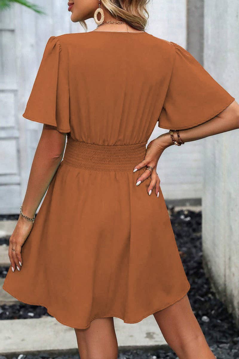 CWDSD7143_V-NECK LOTUS LEAF SLEEVE SOLID COLOR SKIRT DRESS