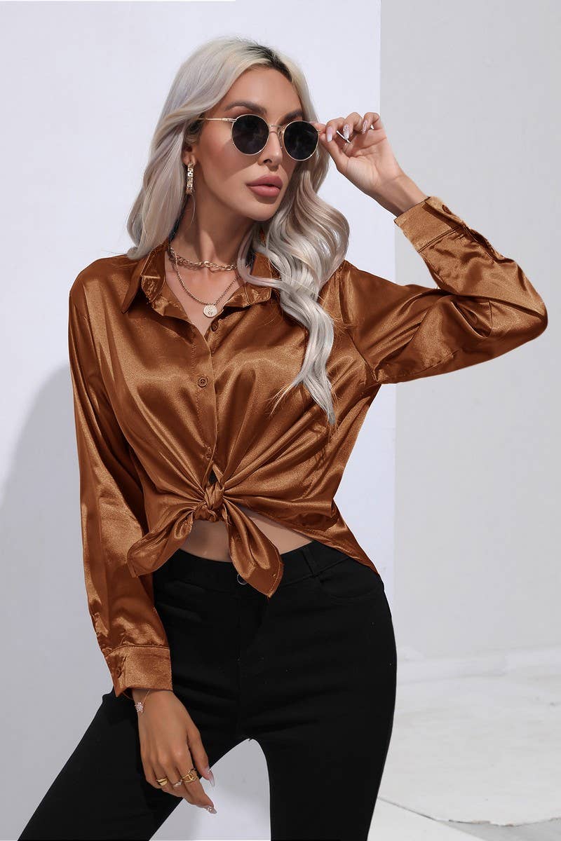 CWTBLL0690_Button Down Silky Satin Long Sleeve Top