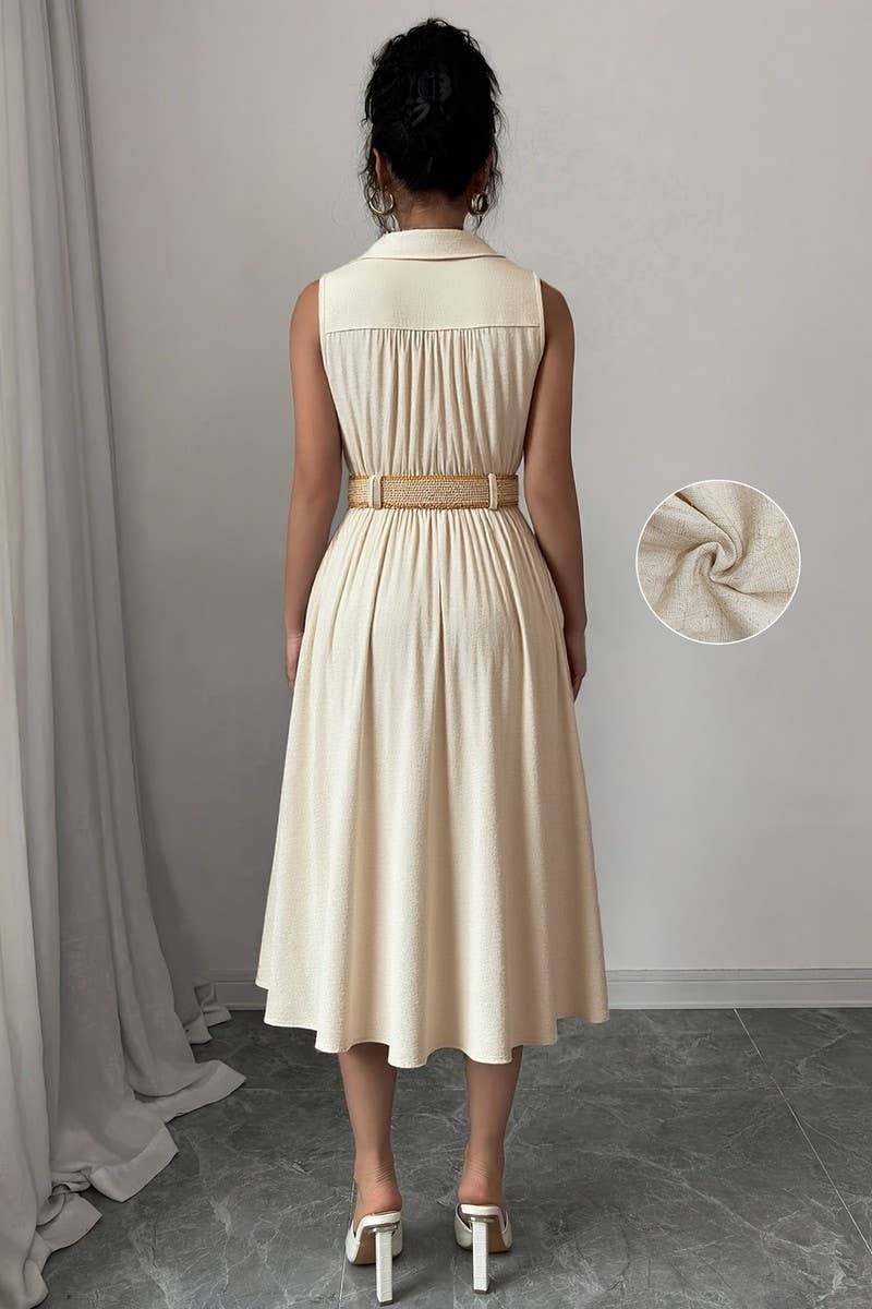 CWDMD6355_LINEN TEXTURE V-NECK SLEEVELESS BUTTON-UP DRESS