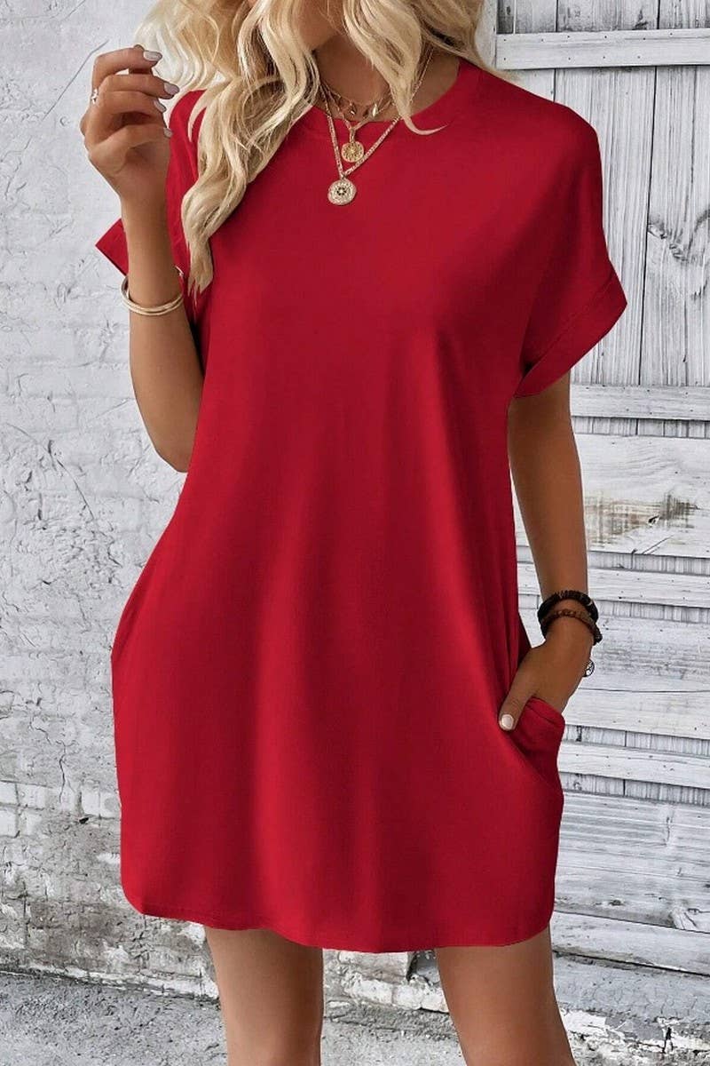 CWDSD3628_SOLID COLOR ROUND NECK LOOSE POCKET SHORT DRESS