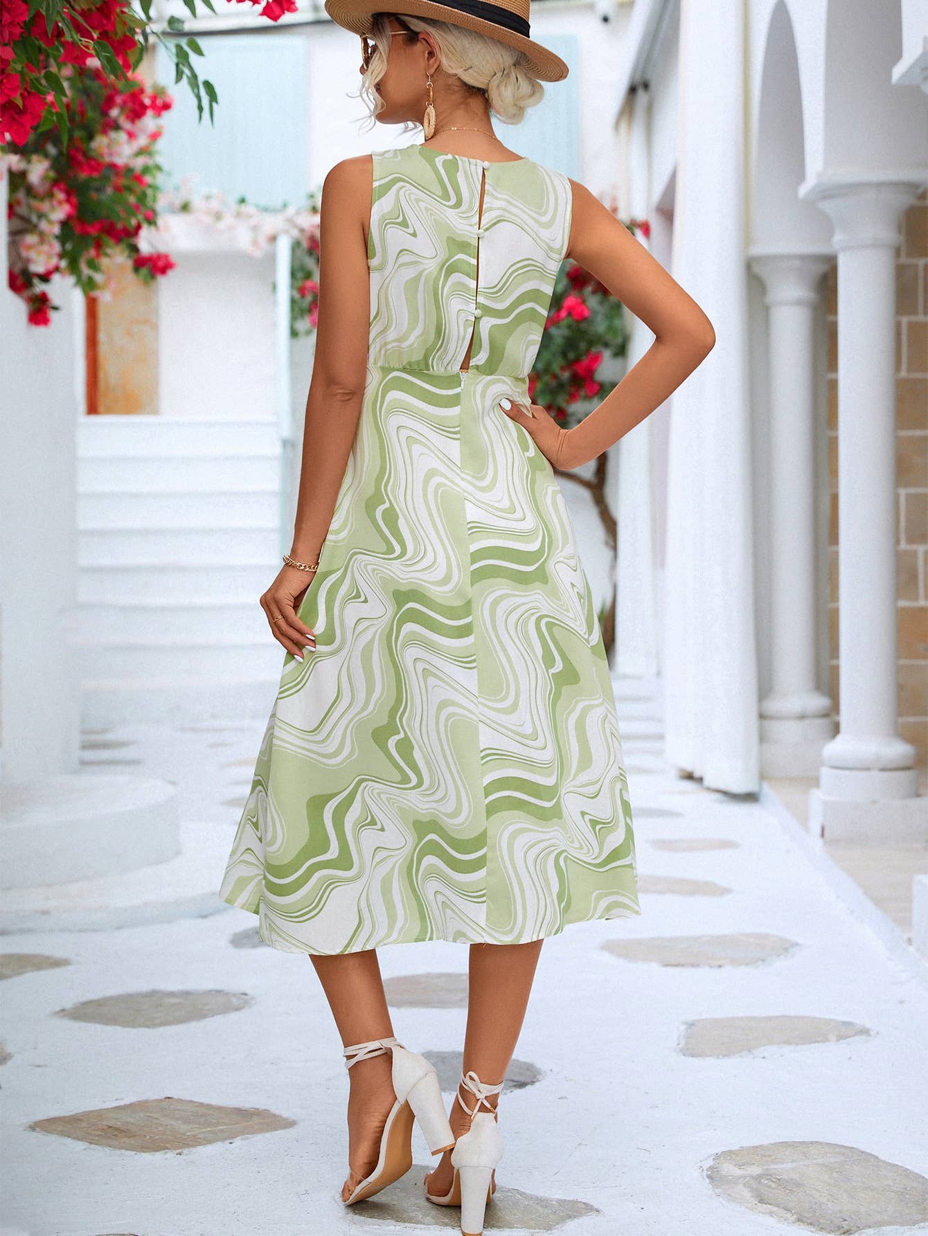 Abstract printed round-neck cinched waist dress