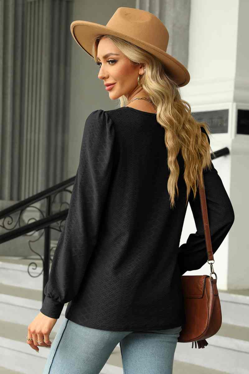 CWTBLL2832_AUTUMN SQUARE NECK JACQUARD LONG-SLEEVED TOP