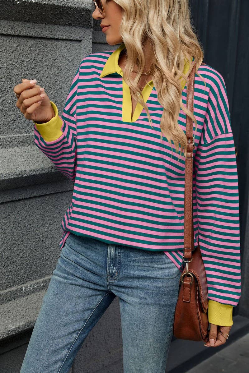 CWTBLL2361_CONTRAST COLOR LAPEL LOOSE STRIPED SWEATSHIRT
