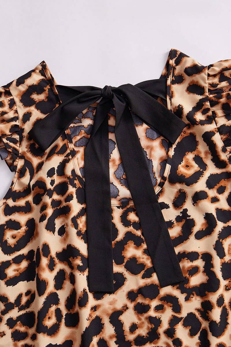CWDSD7891_LEOPARD PRINT TIE NECK FLUTTER SLEEVE  DRESS