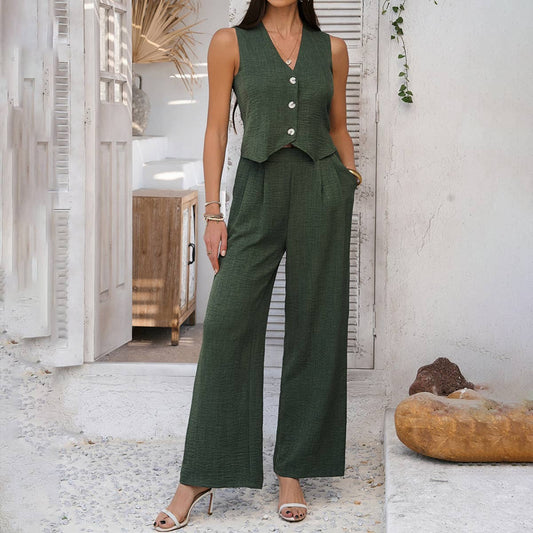Commute solid color waistcoat wide-leg pantsuit