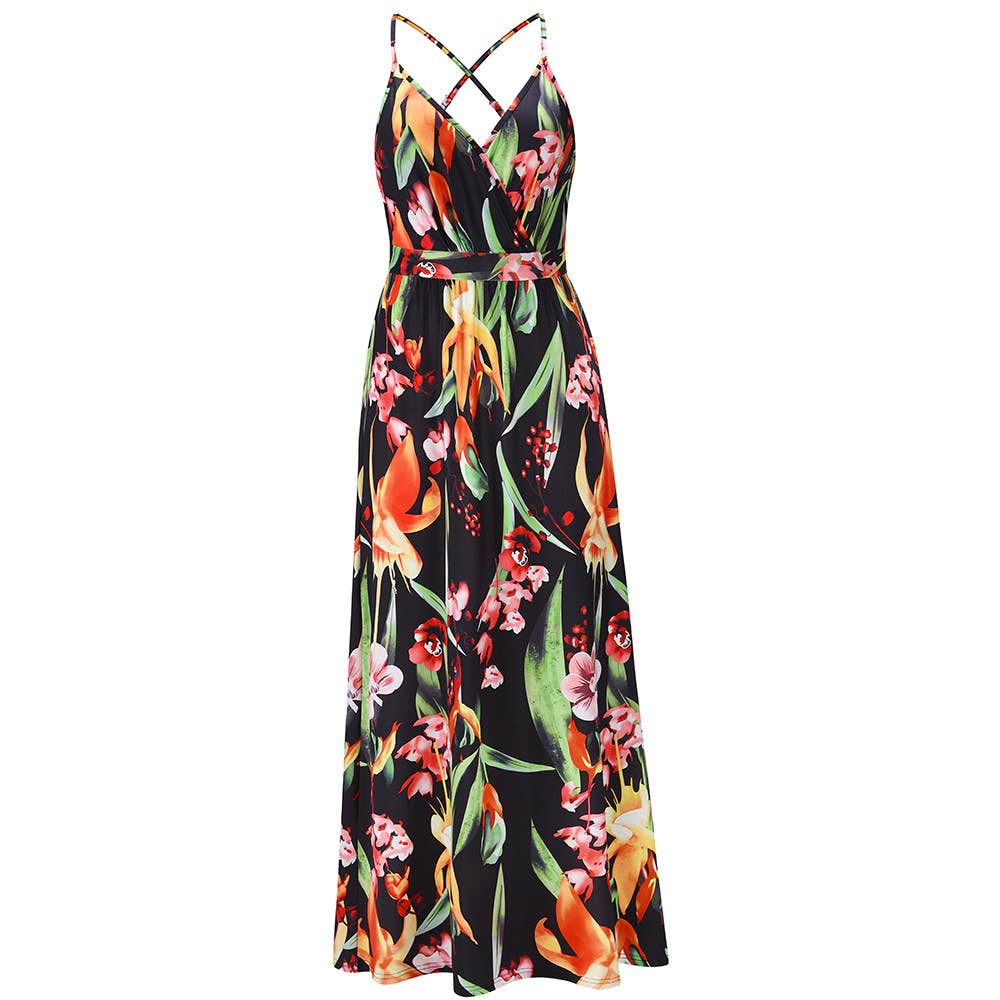 Bohemian Floral Print Spaghetti Strap Long Dress